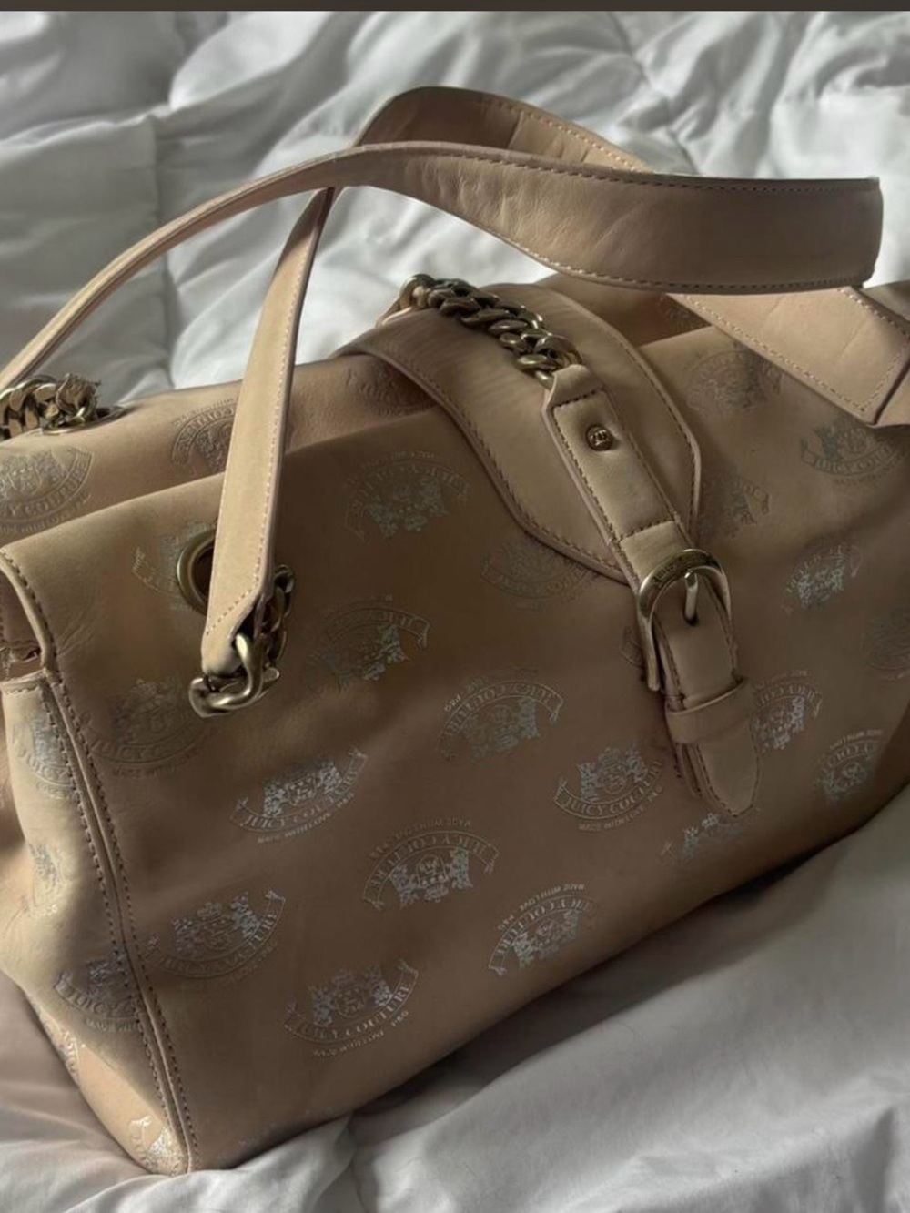Juicy Couture Nude Leather Shoulder Bag with Buckle and Chain Detail